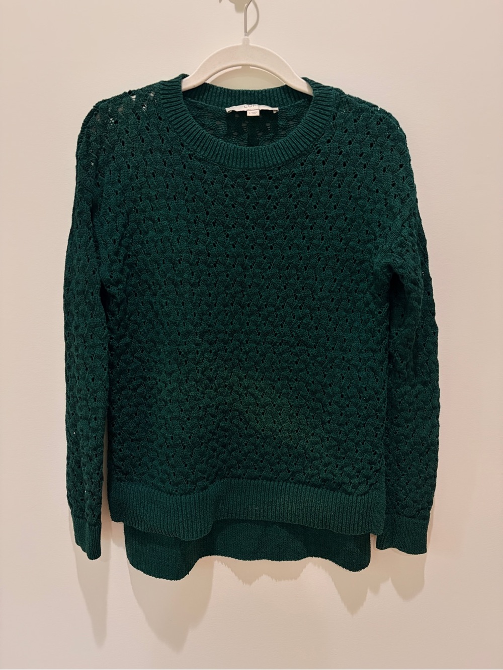 LOFT Dark Emerald Open‑Knit Crewneck Sweater